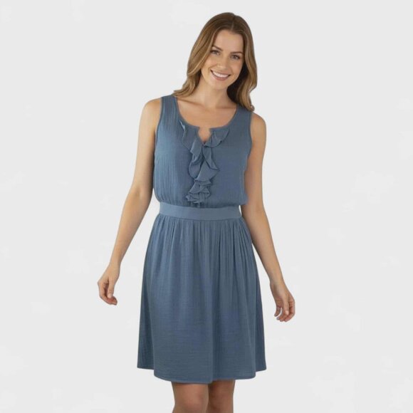 DOE AND RAY Women's Midi Dress Large Polyester Ruffled Pleated Casual Blue Fall - Picture 1 of 6
